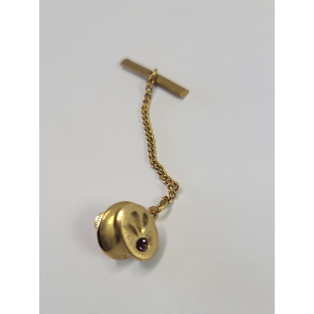 Vintage Gold Tone Tie Tack Lapel Pin Chain T Bar Purple Rhinestone Accent